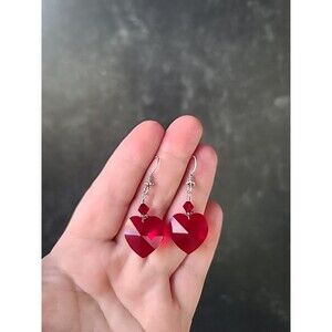 925 Sterling Silver Red Crystal Heart Shaped Beaded Dangling Earrings Vintage